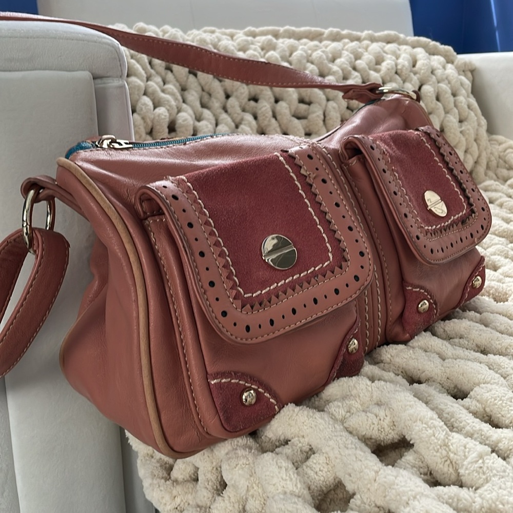 Nicole Lee Dusty pink leather FLAWS suede silver hardware teal trim crossbody